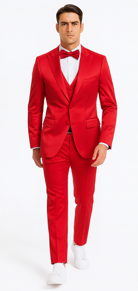 Red Satin Slim Fit 3 Piece Tazzio Men's Suit with Peak Lapel – Modern Design