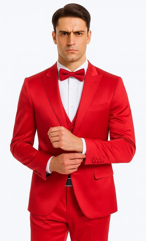 Red Satin Slim Fit 3 Piece Tazzio Men's Suit with Peak Lapel – Modern Design