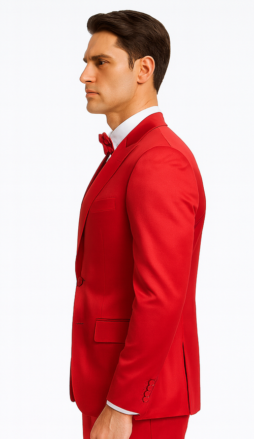 Red Satin Slim Fit 3 Piece Tazzio Men's Suit with Peak Lapel – Modern Design