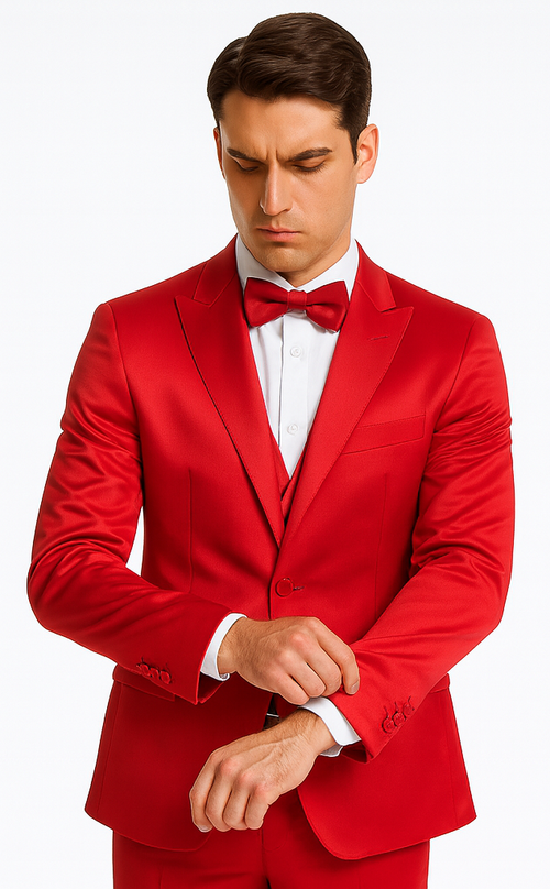 Red Satin Slim Fit 3 Piece Tazzio Men's Suit with Peak Lapel – Modern Design