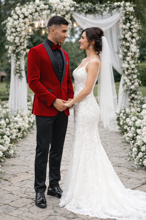 Red Velvet Tuxedo Jacket with Shawl Lapel β Slim Fit