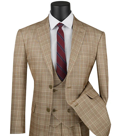 Regular Fit Camel Glen Plaid Three-Piece Suit – SuitUSA