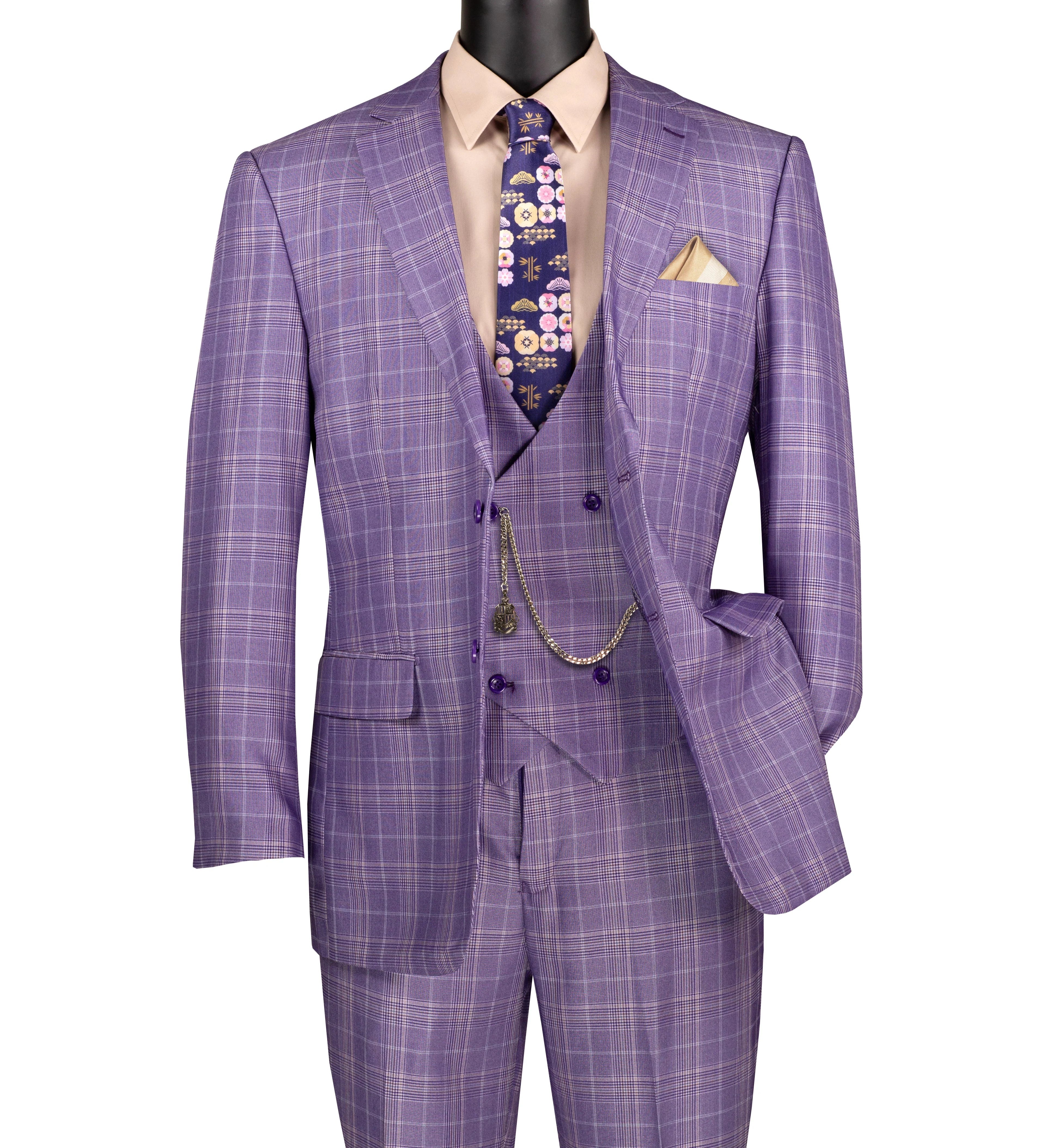 Regular Fit Light Purple Glen Plaid Three-Piece Suit – SuitUSA
