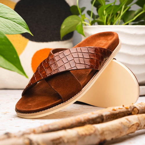 Zelli Rena Sueded Goatskin & Embossed Crocodile Slide in Cognac
