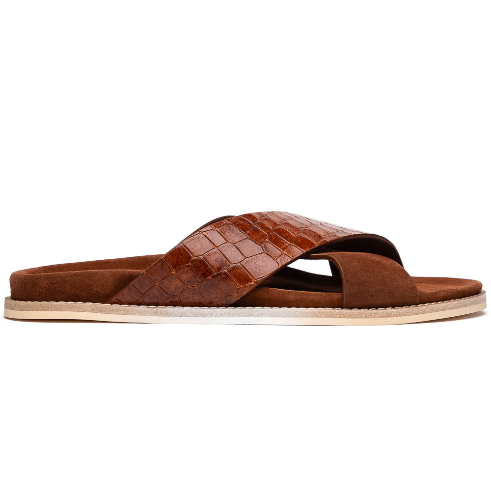 Zelli Rena Sueded Goatskin & Embossed Crocodile Slide in Cognac