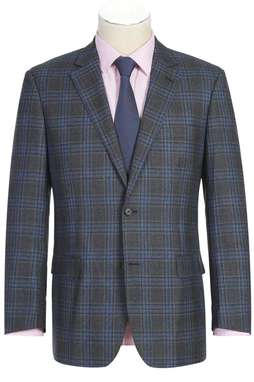 Renoir Men's Wool 2-Button Classic Vested Suit in Grey-Blue Windowpane Plaid - USA Men's Outlet