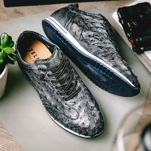 Zelli Rio Genuine Ostrich Quill Sneakers in Faded Black