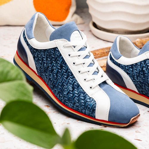 Zelli Ripi Hand Woven Sueded Calfskin Luxury Sneakers in Blue