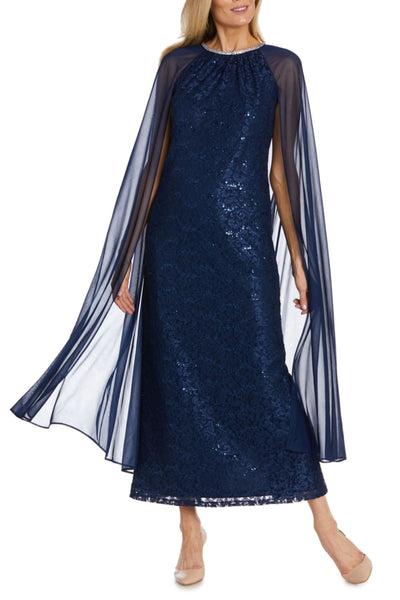 RM Richards 2887 NAVY Sequin Lace Attached Cape Evening Gown