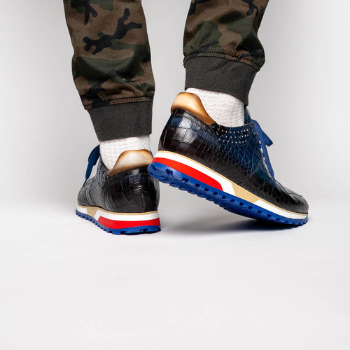 Zelli Rocco Hand-Burnished Crocodile Embossed Sneakers in Navy