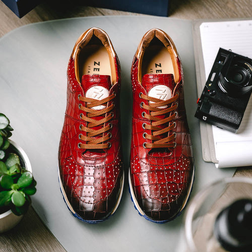 Zelli Rocco Hand-Burnished Embossed Crocodile Sneakers in Red