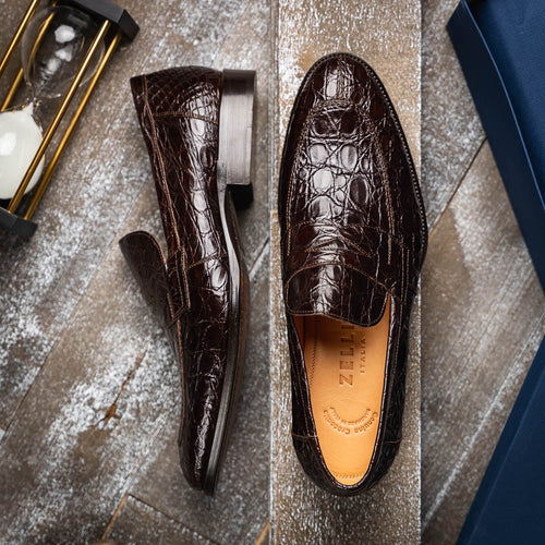 Zelli Roma Genuine Caiman Crocodile Penny Loafers in Nicotine