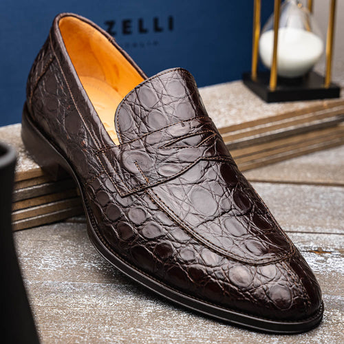 Zelli Roma Genuine Caiman Crocodile Penny Loafers in Nicotine