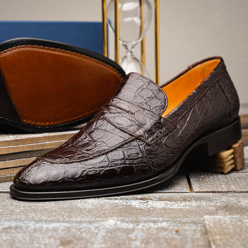 Zelli Roma Genuine Caiman Crocodile Penny Loafers in Nicotine