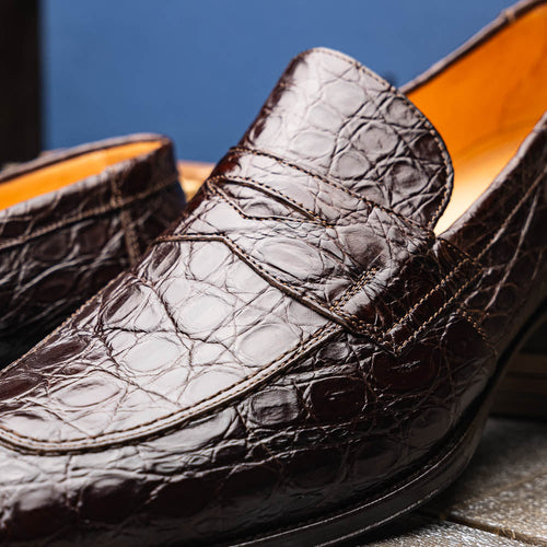 Zelli Roma Genuine Caiman Crocodile Penny Loafers in Nicotine