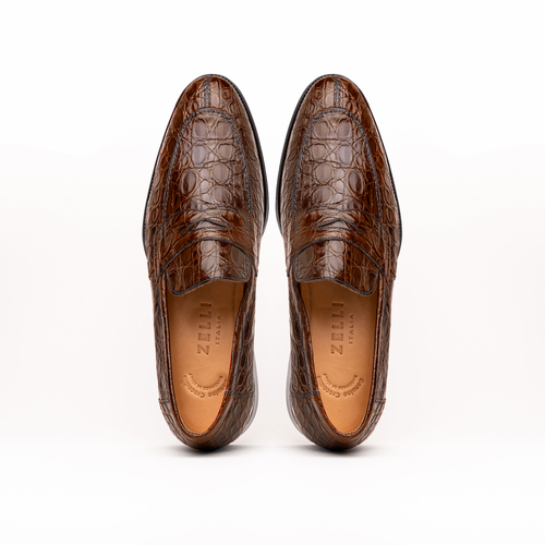 Zelli Roma Genuine Caiman Crocodile Penny Loafers in Cognac