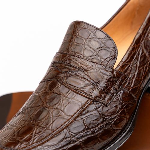 Zelli Roma Genuine Caiman Crocodile Penny Loafers in Cognac