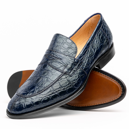 Zelli Roma Classic Penny Loafers in Genuine Caiman Crocodile Navy