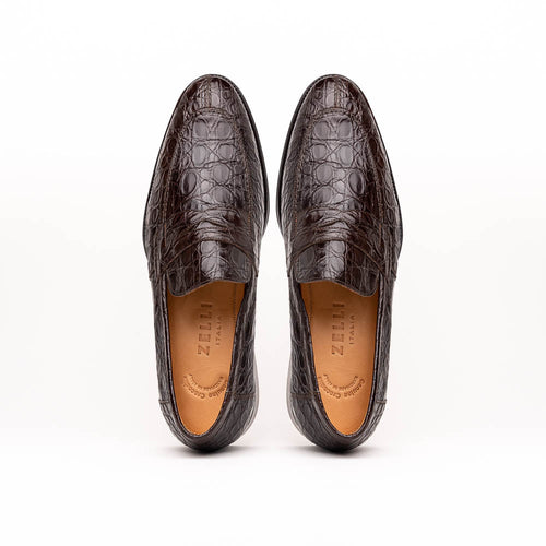 Zelli Roma Genuine Caiman Crocodile Penny Loafers in Nicotine