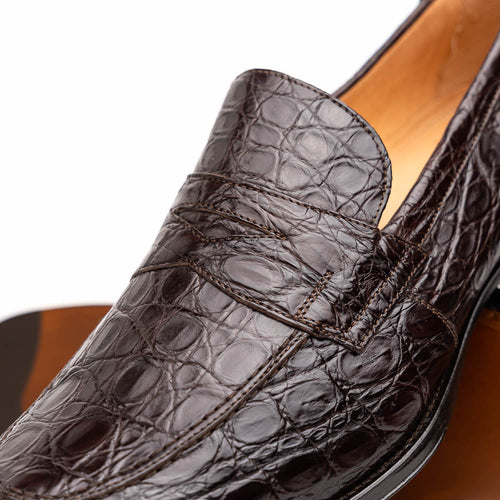 Zelli Roma Genuine Caiman Crocodile Penny Loafers in Nicotine