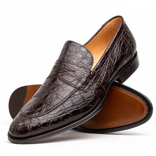 Zelli Roma Genuine Caiman Crocodile Penny Loafers in Nicotine