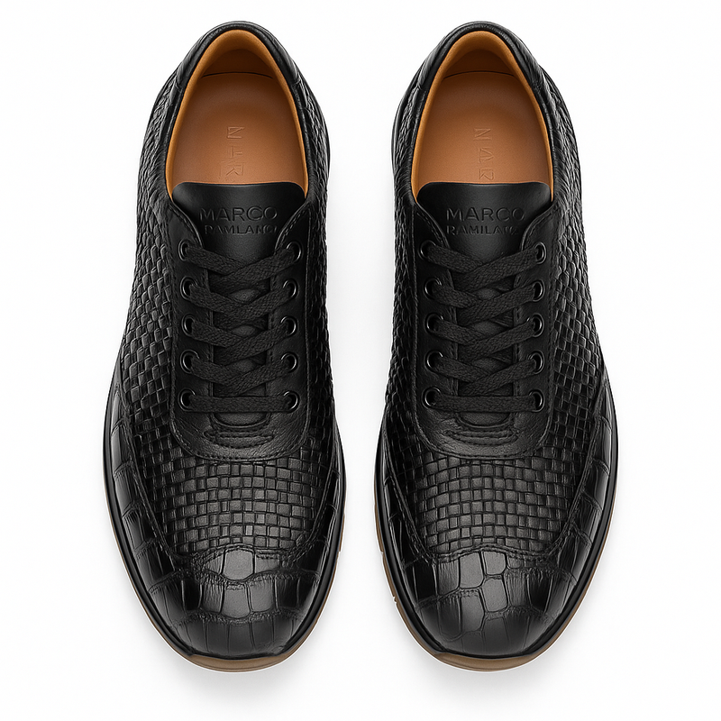 Marco Di Milano Roma Men's Shoes Black Genuine Caiman Crocodile / Woven Leather Fashion Sneakers