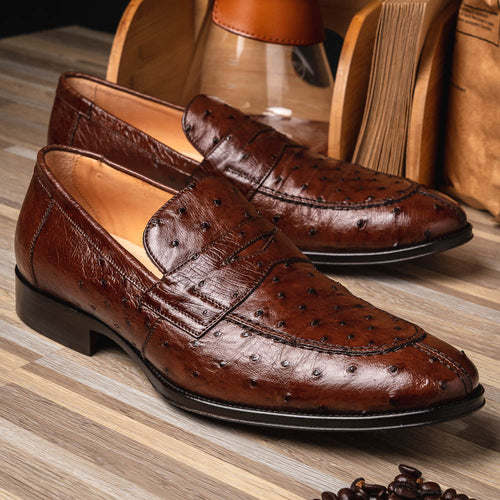 Zelli Roma Classic Penny Loafers in Genuine Brown Ostrich Quill