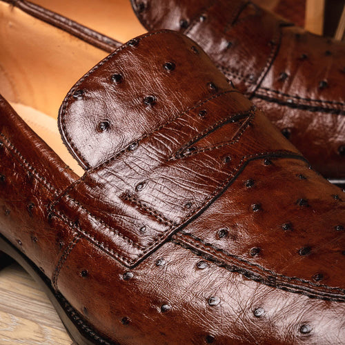 Zelli Roma Classic Penny Loafers in Genuine Brown Ostrich Quill