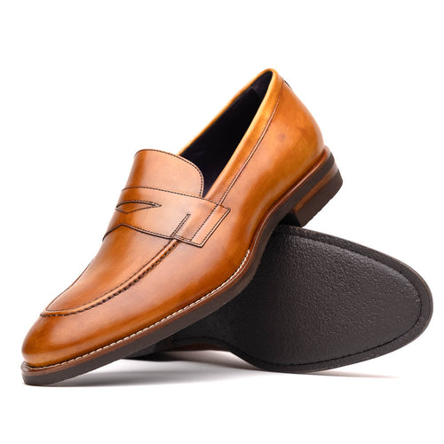 Zelli Roma Hand-Burnished Calfskin Penny Loafers in Camel