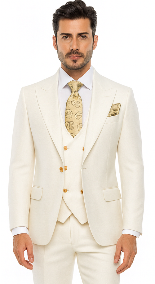 Rossi Man BOND RM1770 Slim Fit 3-Piece White Suit - 1-Button Peak Lapel Stylish Men’s Formalwear USA Men's Outlet