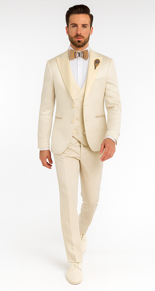 Rossi Man FORD RM1913 Slim Fit 3-Piece Off-White Suit for Men - Classic Formalwear by USA Men's Outlet