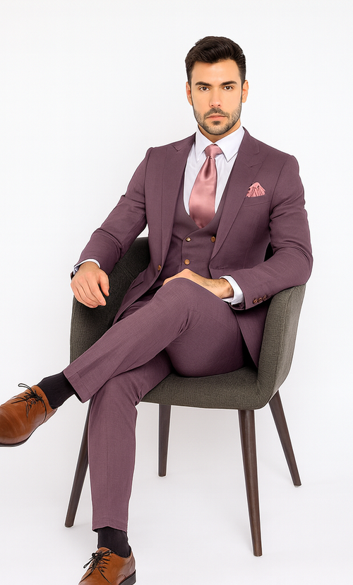 Rossi Man MAX RM1381 Slim Fit 3-Piece Suit - Solid Raspberry Suit for Men by USA Men's Outlet