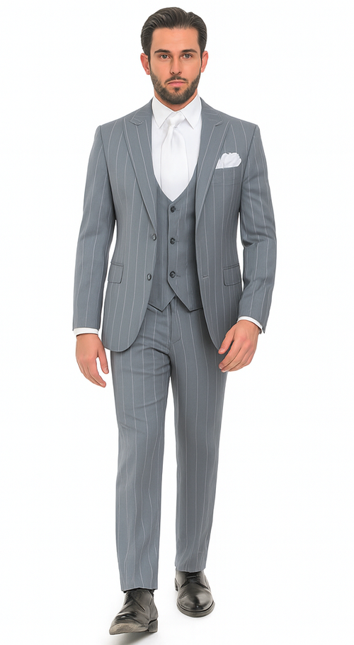 Rossi Man MAX RM1726 Grey Pinstripe Slim Fit 3-Piece Suit - Men’s Formalwear at USA Men's Outlet