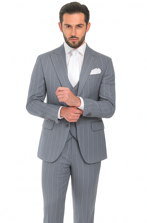 Rossi Man MAX RM1726 Grey Pinstripe Slim Fit 3-Piece Suit - Men’s Formalwear at USA Men's Outlet