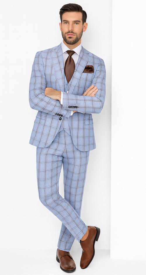 Rossi Man MAX RM1822 Slim Fit 3-Piece Suit - Light Blue & Brown Plaid Formal Suit for Men by USA Men's Outlet