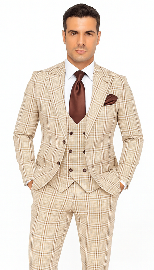 Rossi Man MAX RM1824 Light Brown Slim Fit 3-Piece Suit - Men’s Formalwear by USA Men's Outlet