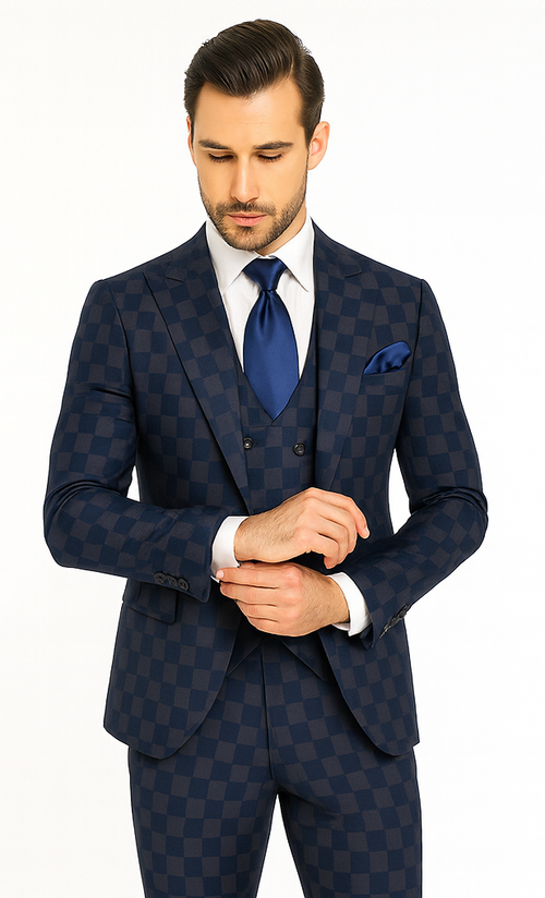 Rossi Man MAX RM1838 Navy Check Slim Fit 3-Piece Suit - Men’s Formalwear by USA Men's Outlet