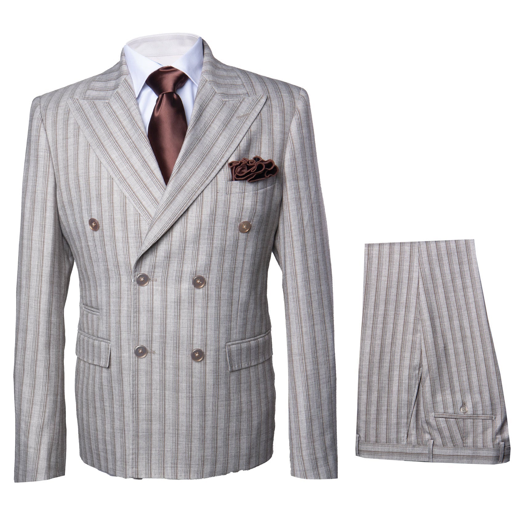 Men’s Brown Pinstripe Double-Breasted 2-Piece Suit – Slim Fit Premium Fabric Formal Business & Wedding Outfit By Rossi Man RM1845