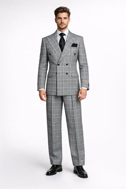 Suits With Baggy Pleated Pants - Wide Leg Pants 100% Wool - Classic Fit in Black and White Plaid Color by Rossiman USA Men's Outlet