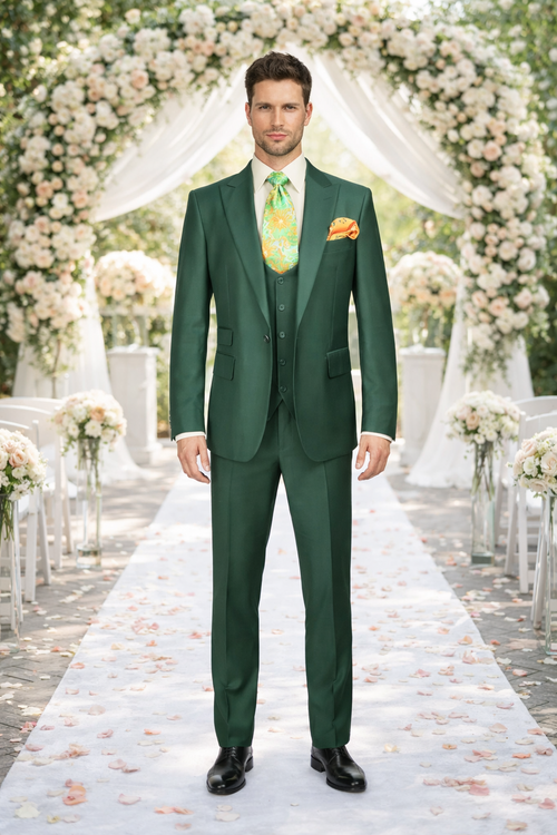 Rossiman Hunter Green Slim Fit Men’s Suit - 3-Piece Vested Set with Flat Front Trousers - Italian Tailored Elegance by USA Men's Outlet
