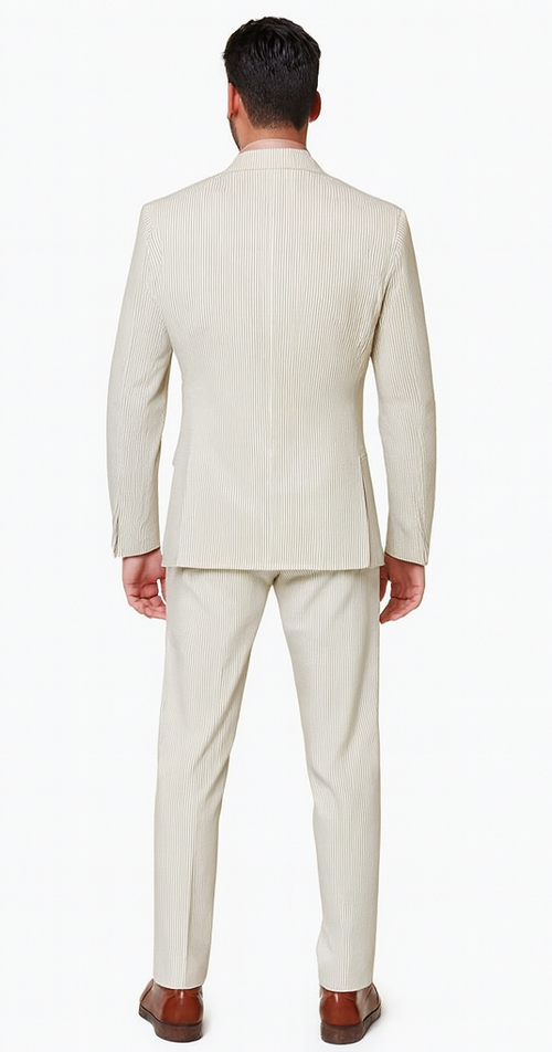 Rossiman Men’s Beige Seersucker Suit - Peak Lapel Suit with Tone-on-Tone Shadow Stripe by USA Men's Outlet