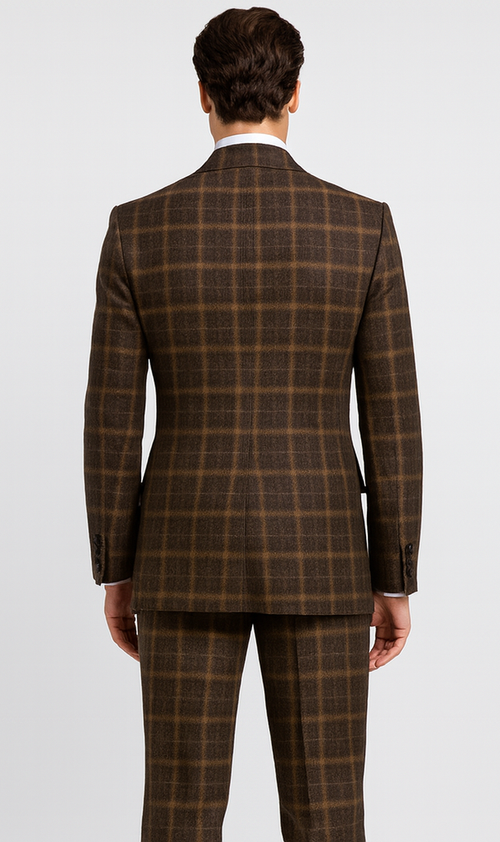Rossiman Men’s Brown Windowpane Plaid Double-Breasted Wool Suit - Classic Formalwear by USA Men's Outlet