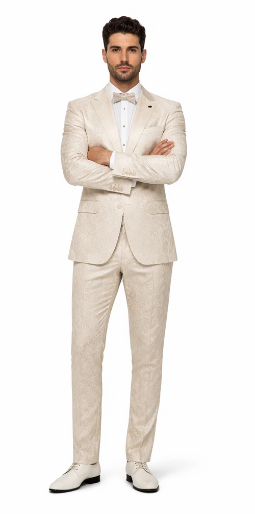 Rossiman Men’s Champagne Ivory Jacquard Paisley Tuxedo - Satin Shawl Lapel by USA Men's Outlet