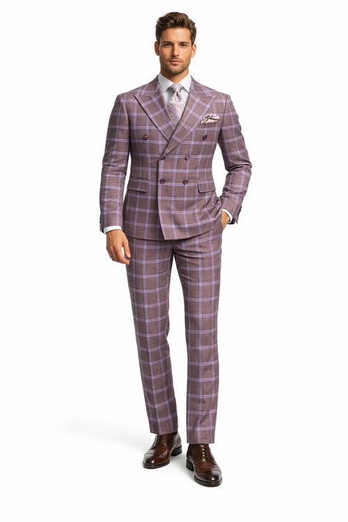 Rossiman Men’s Gray & Lavender Plaid Double-Breasted Suit by USA Men's Outlet