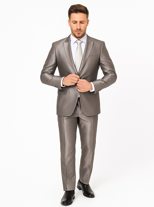 Rossiman Men’s Gray Shiny Sateen Suit - Sleek & Modern Formalwear - Italian Tailored Double-Breasted Luxury Suit USA Men's Outlet