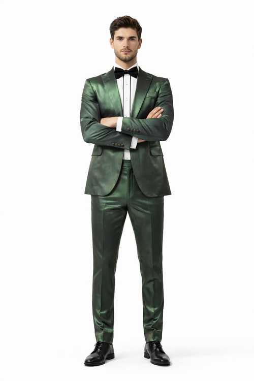 Rossiman Men’s Green Sateen Suit - Glossy Finish with Modern Flair - Italian Tailored Double-Breasted Luxury Suit USA Men's Outlet