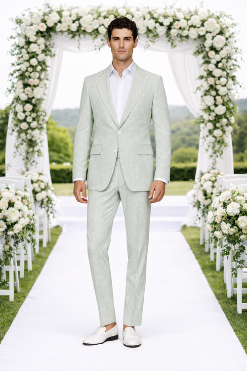 Rossiman Men’s Light Green Seersucker Suit - Peak Lapel Summer Formalwear USA Men's Outlet