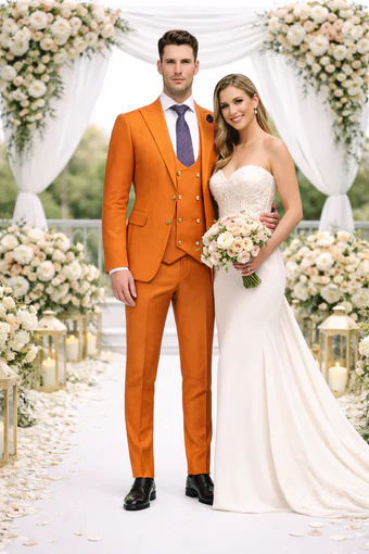 Rossiman Men’s Rust Slim Fit Suit - 3-Piece Set with Double-Breasted Vest & Flat Front Pants - Italian Tailored Luxury USA Men's Outlet