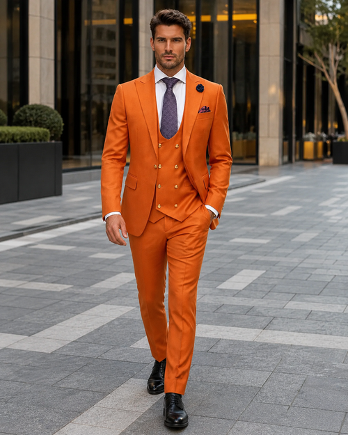 Rossiman Men’s Rust Slim Fit Suit - 3-Piece Set with Double-Breasted Vest & Flat Front Pants - Italian Tailored Luxury USA Men's Outlet