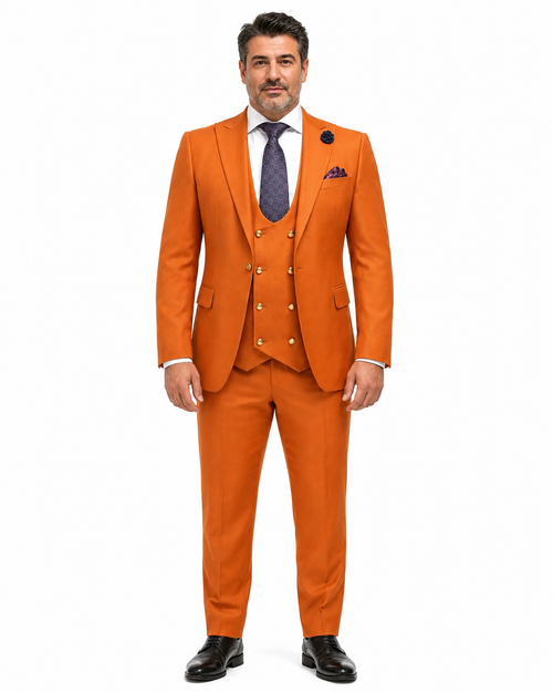 Rossiman Men’s Rust Slim Fit Suit - 3-Piece Set with Double-Breasted Vest & Flat Front Pants - Italian Tailored Luxury USA Men's Outlet